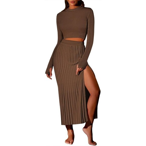 Dresses & Skirts - Women's Knit Sweater Outfits Set Medium Ribbed Crop Top Maxi Skirt